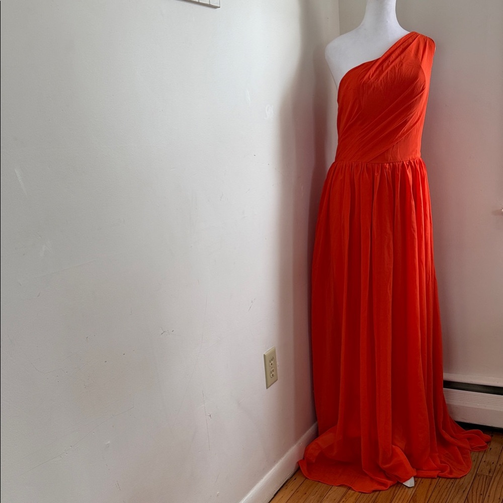 One-Shoulder Tangerine-Tango Evening Gown with Draped Bodice